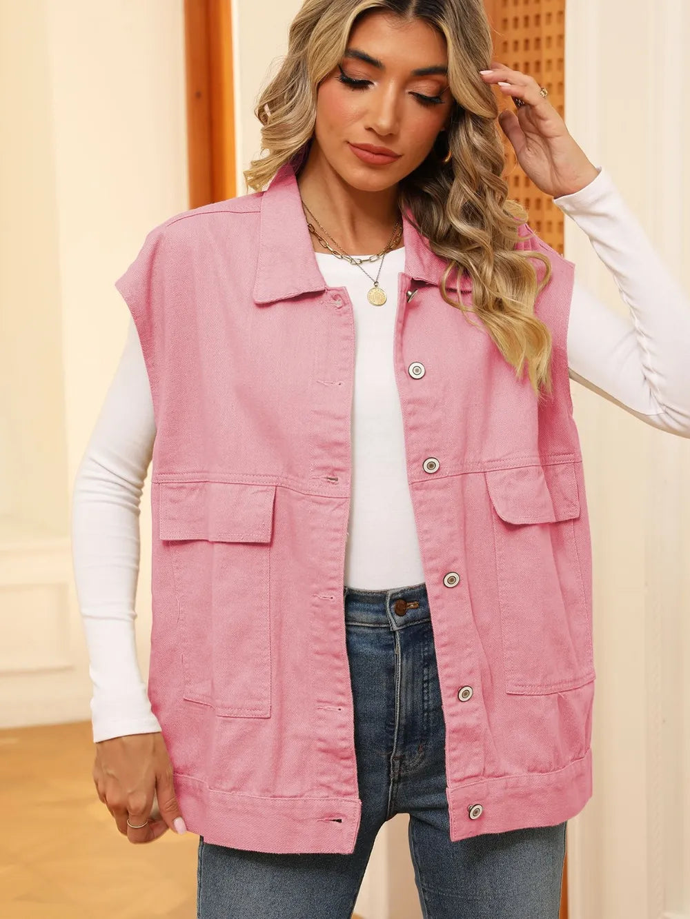 Pocketed Button Up Sleeveless Denim Jacket in Pink