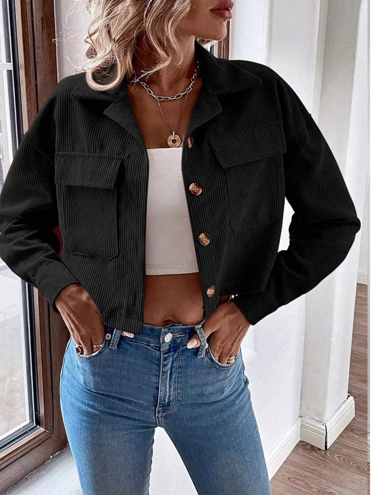 Cropped Corduroy Button-Down Jacket