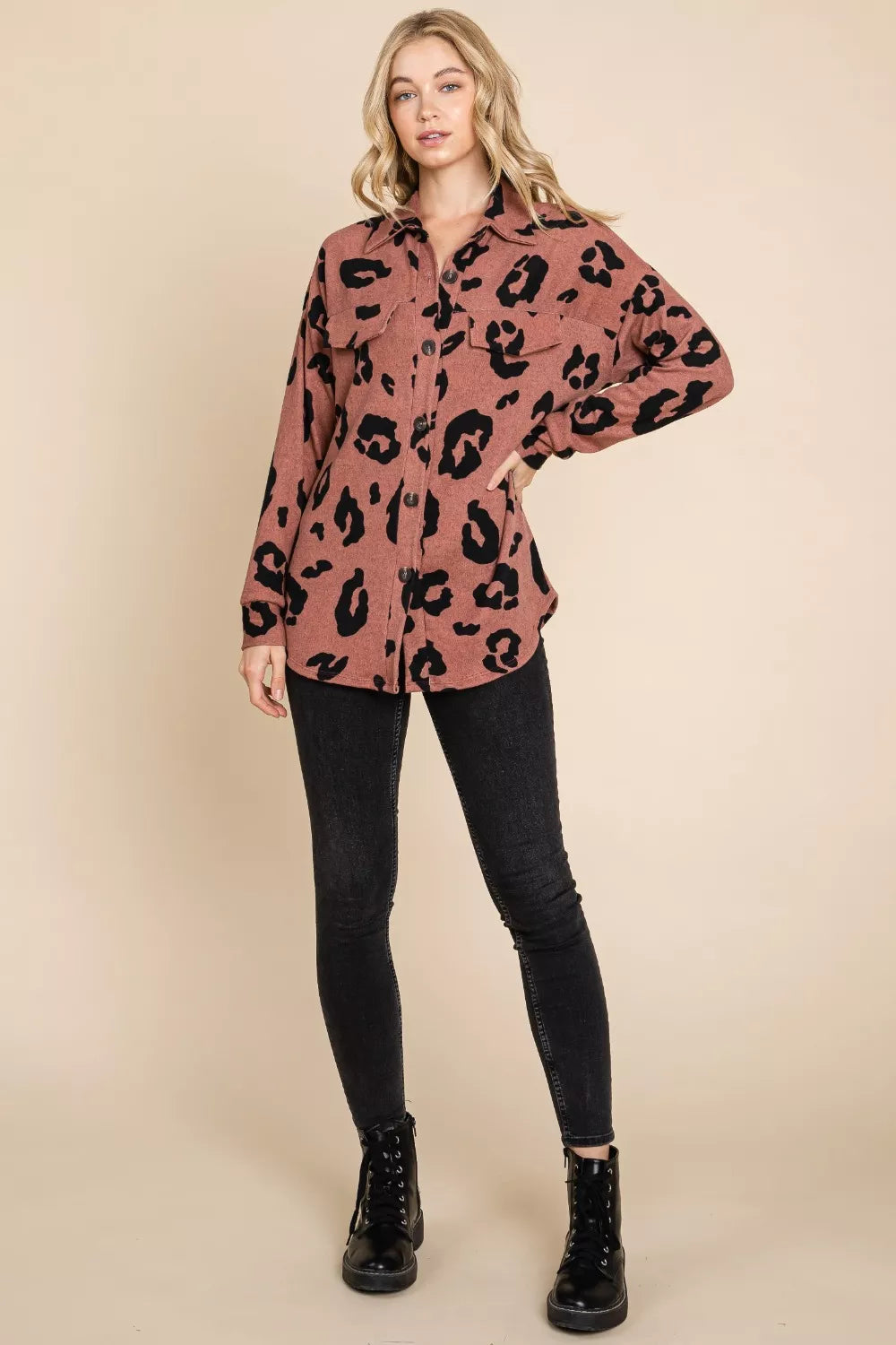 BOMBOM Animal Print Button Up Knit Shacket - Lilixa.store