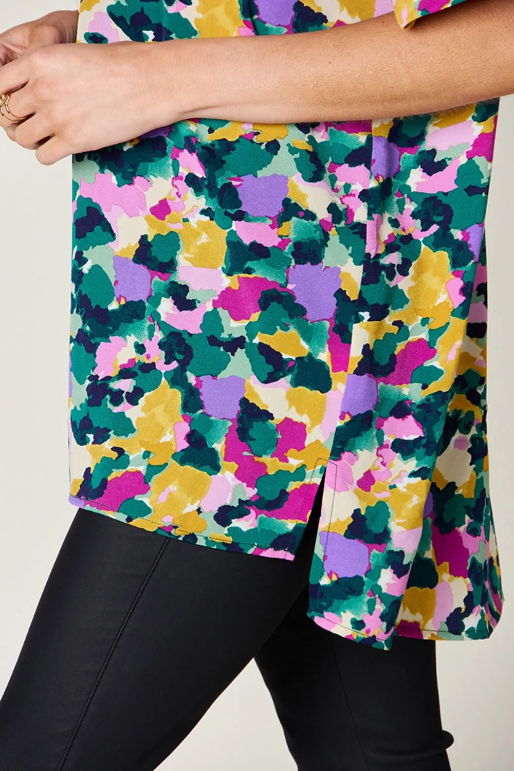 Double Take Full Size Printed V-Neck Short Sleeve Side Slit Top - Lilixa.store