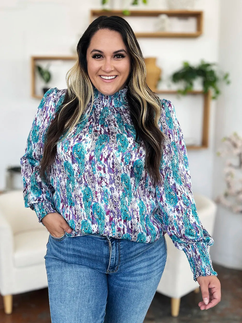 Double Take Full Size Printed Smocked Long Sleeve Blouse - Lilixa.store
