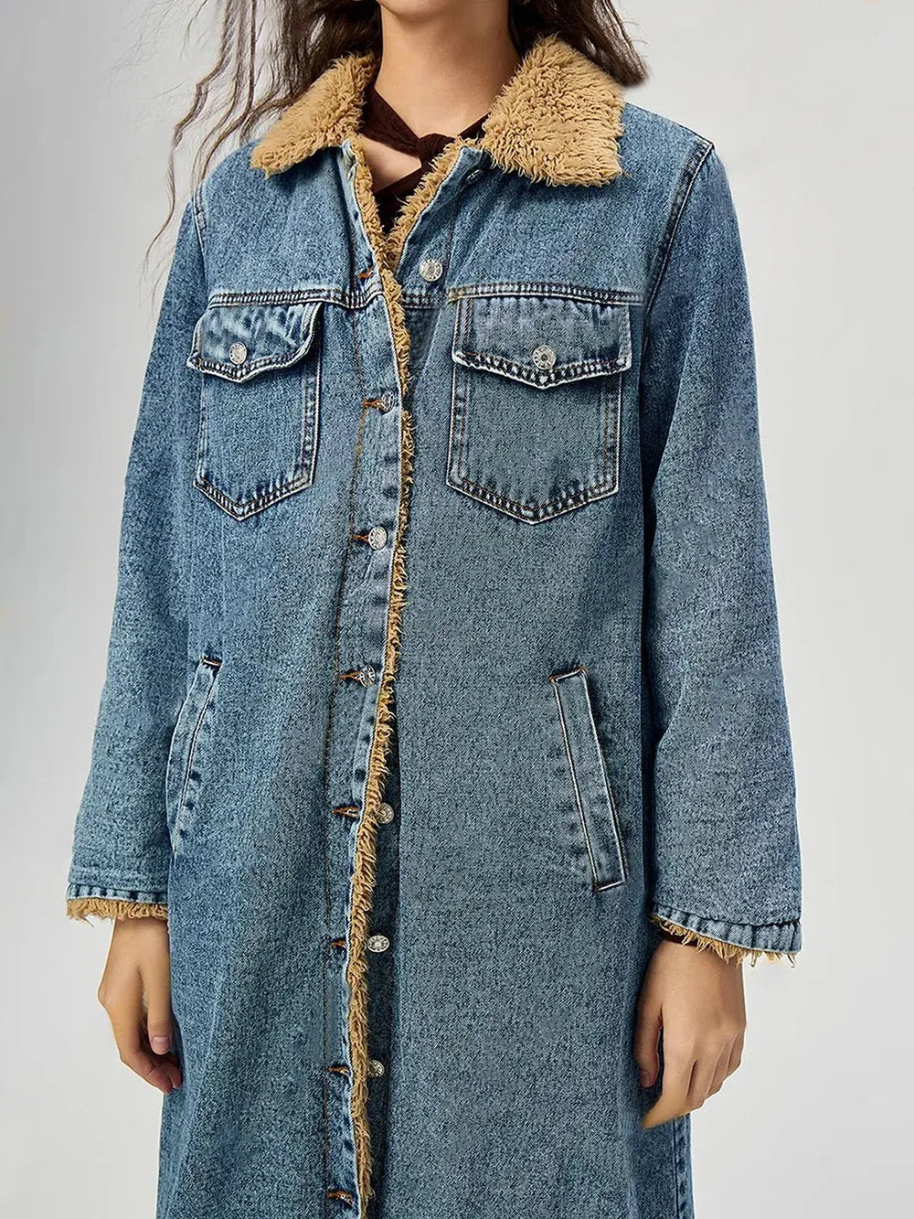 Pocketed Button Up Denim Jacket with Fur Lining, view 5