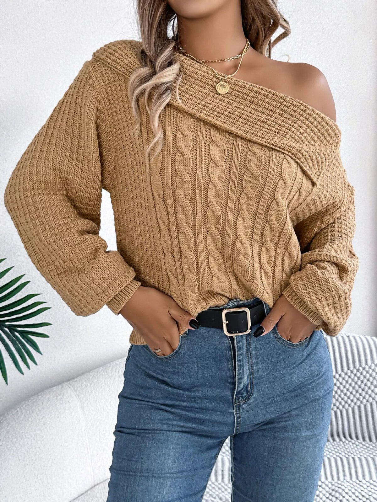 One Shoulder Cable Knit Sweater
