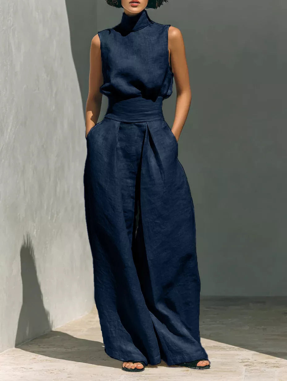 Full Size Turtleneck Sleeveless Top and Wide Leg Pants Set Plus Size - Lilixa.store