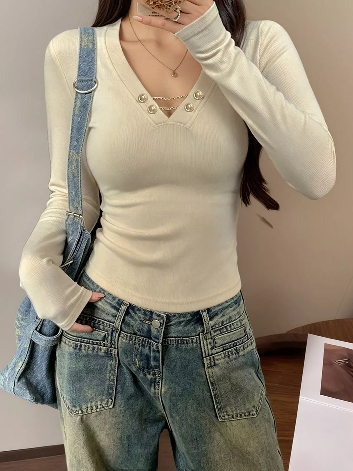 Decorative Pearl Buttons V-Neck Long Sleeve T-Shirt - Lilixa.store