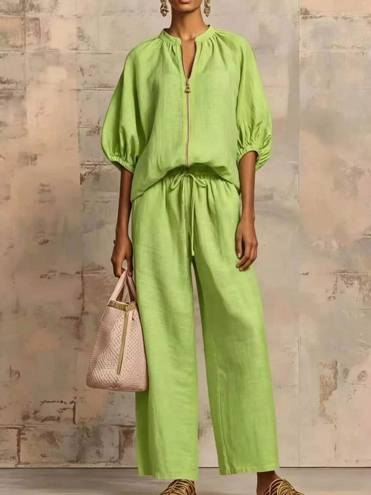 Full Size Zip-Front Top and Wide-Leg Pants Set Plus Size - Lilixa.store