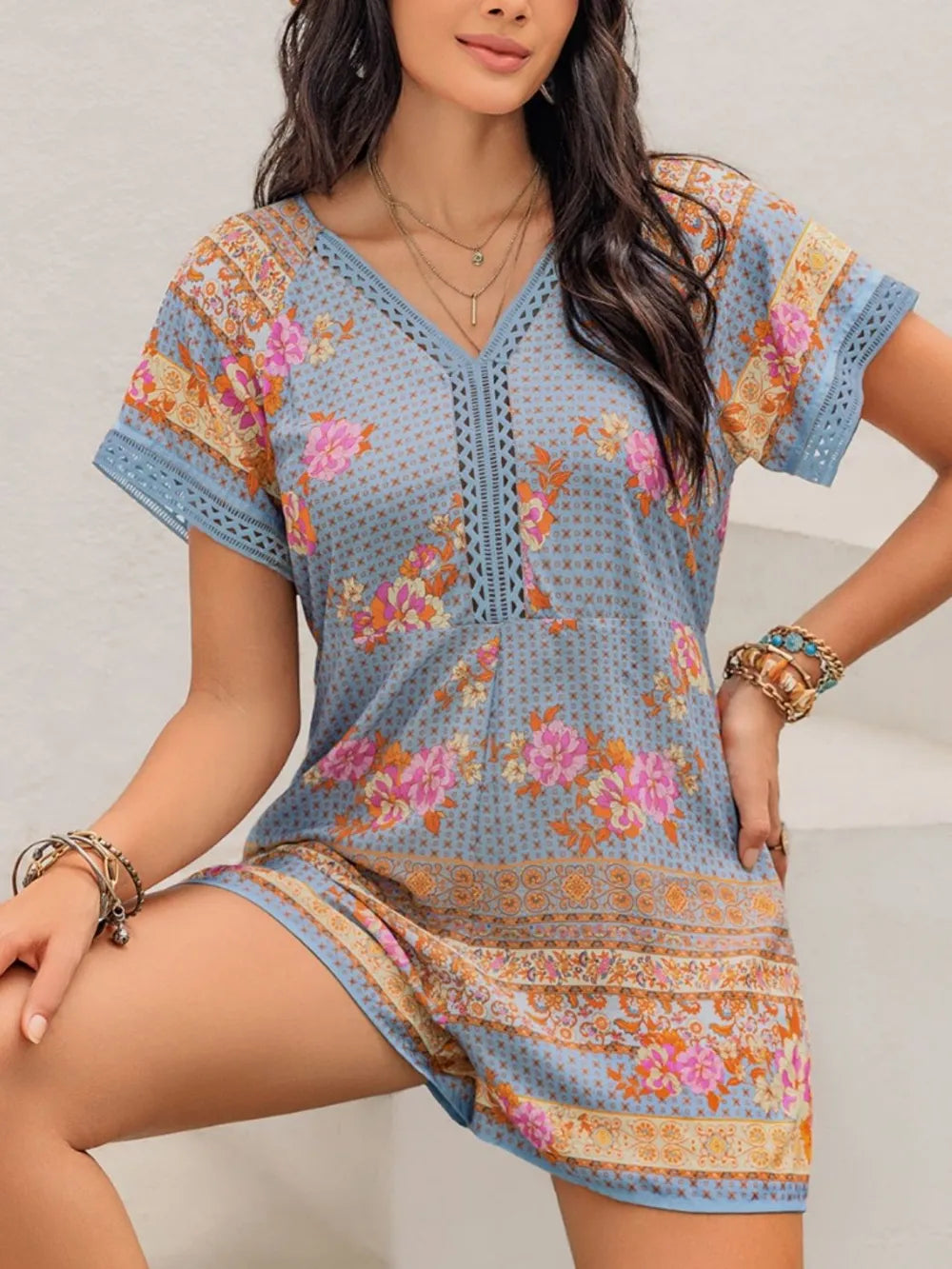 Printed V-Neck Short Sleeve Romper - Lilixa.store