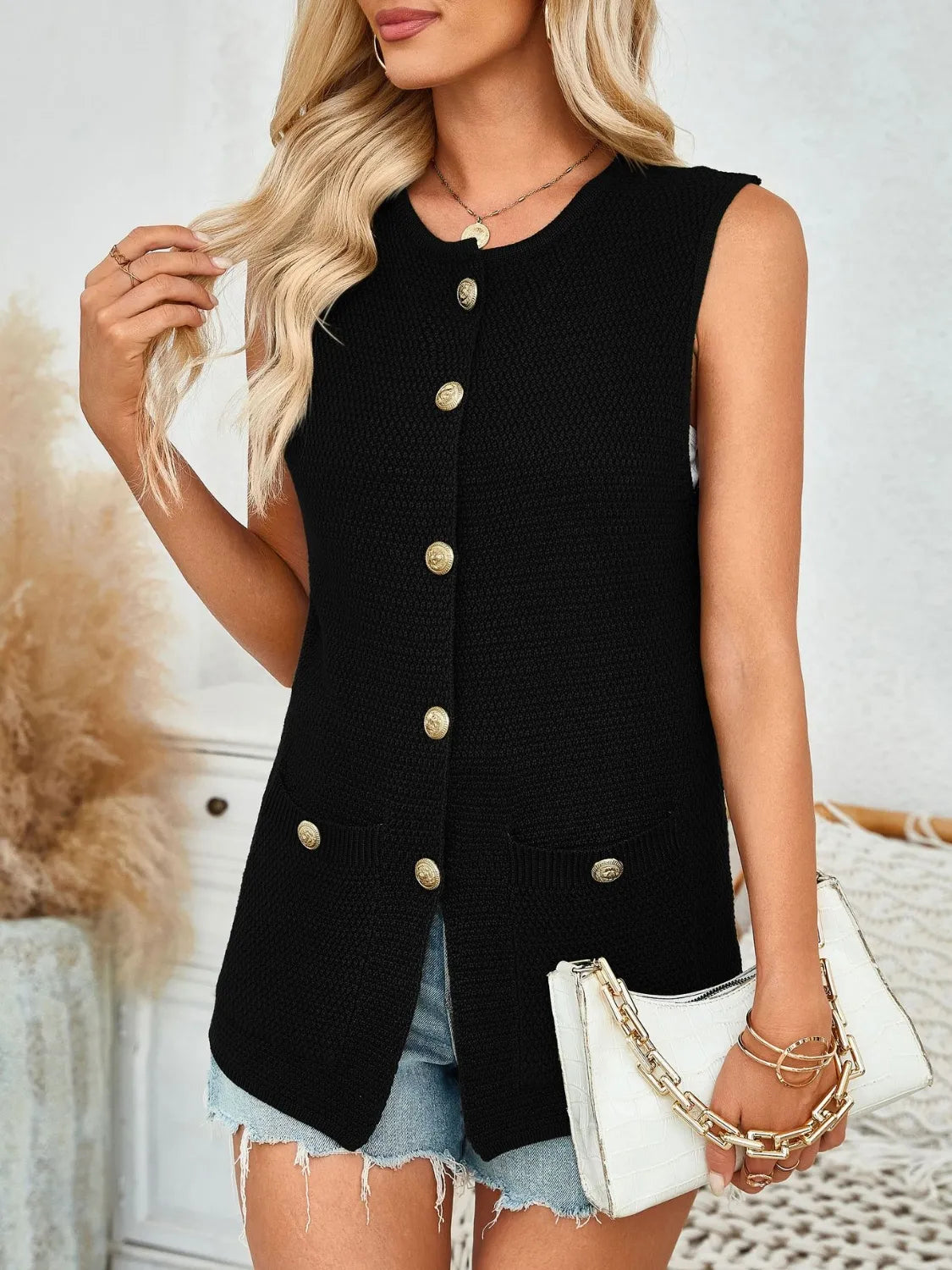 Button Down Round Neck Knit Vest, view 12