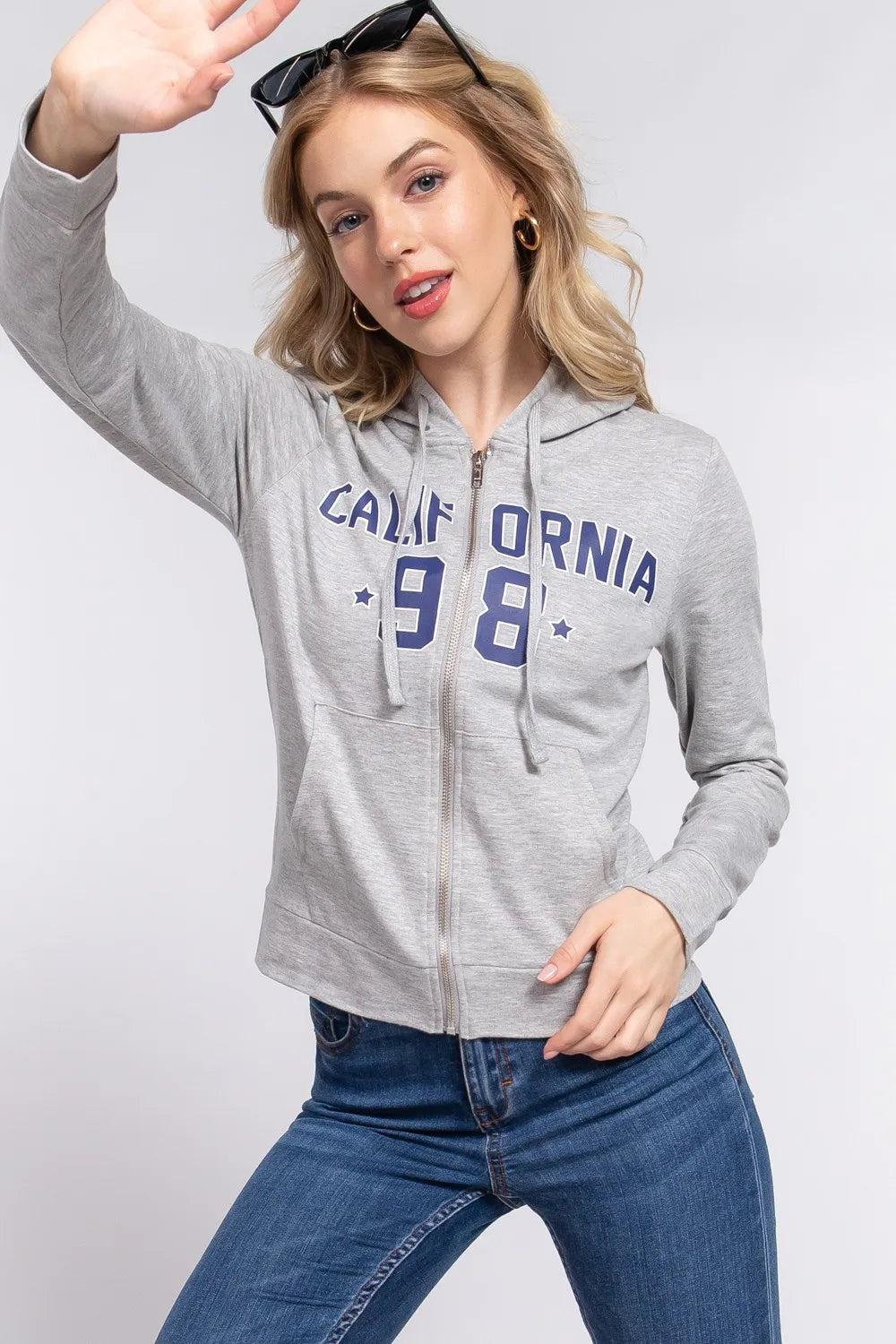 ACTIVE BASIC CALIFORNIA Zip Up Drawstring Long Sleeve Hoodie - Lilixa.store