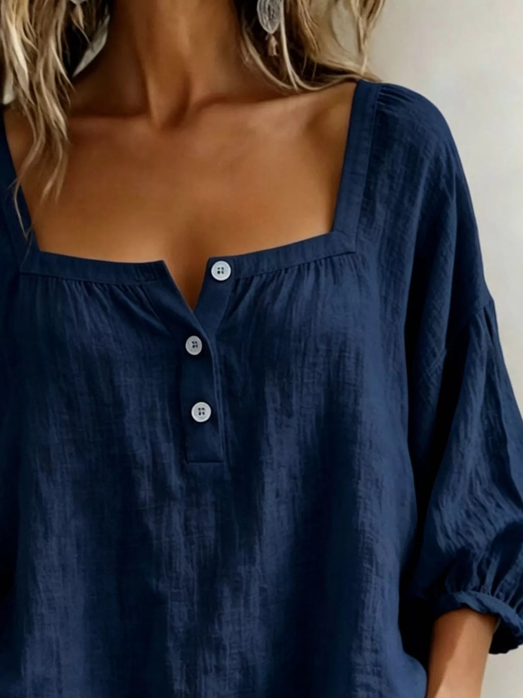 Full Size Square Neck Button Detail Blouse Plus Size - Lilixa.store