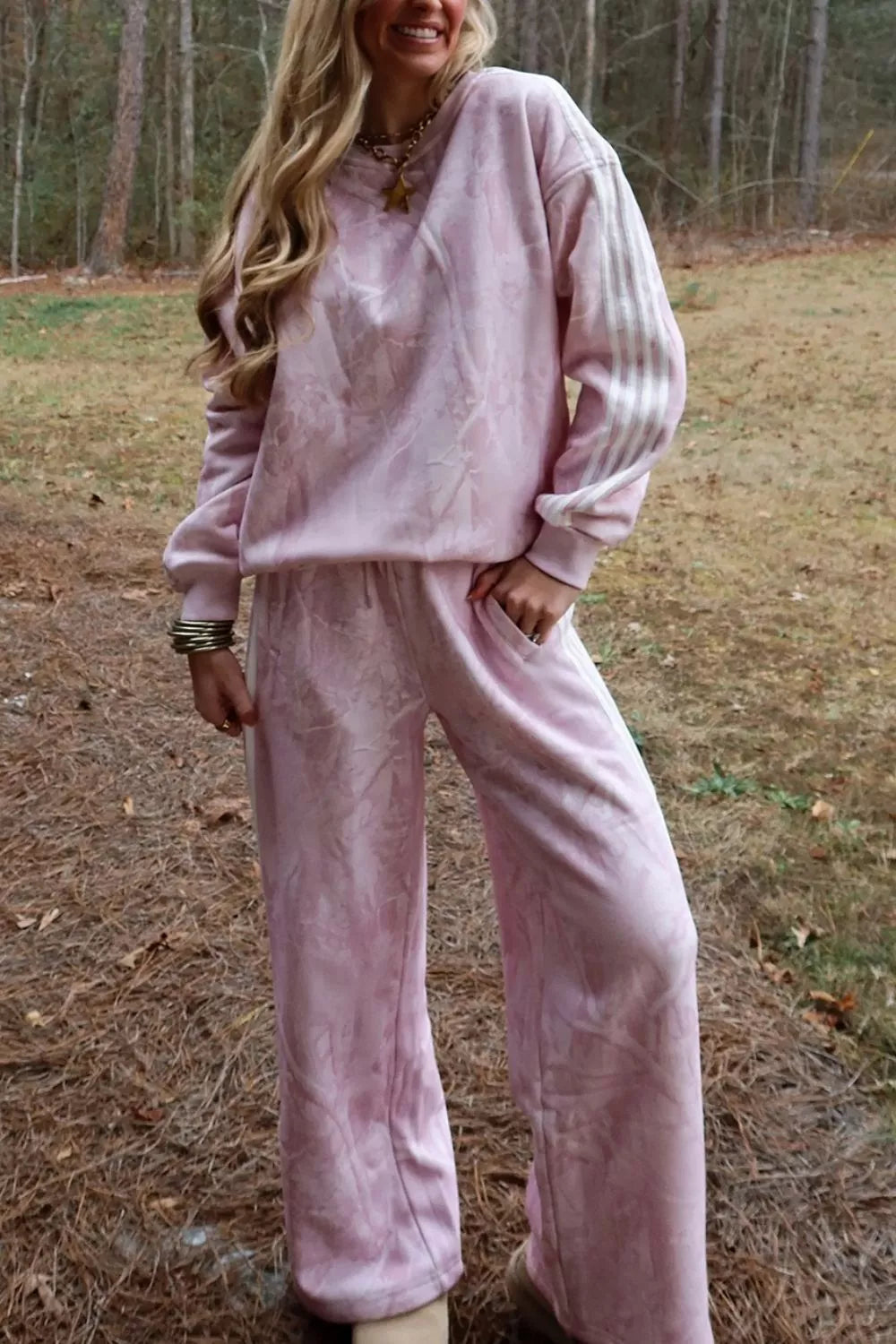 Abstract Print Side Stripe Detail Long Sleeve Top Loose Pants Set in Dusty Pink, view 2