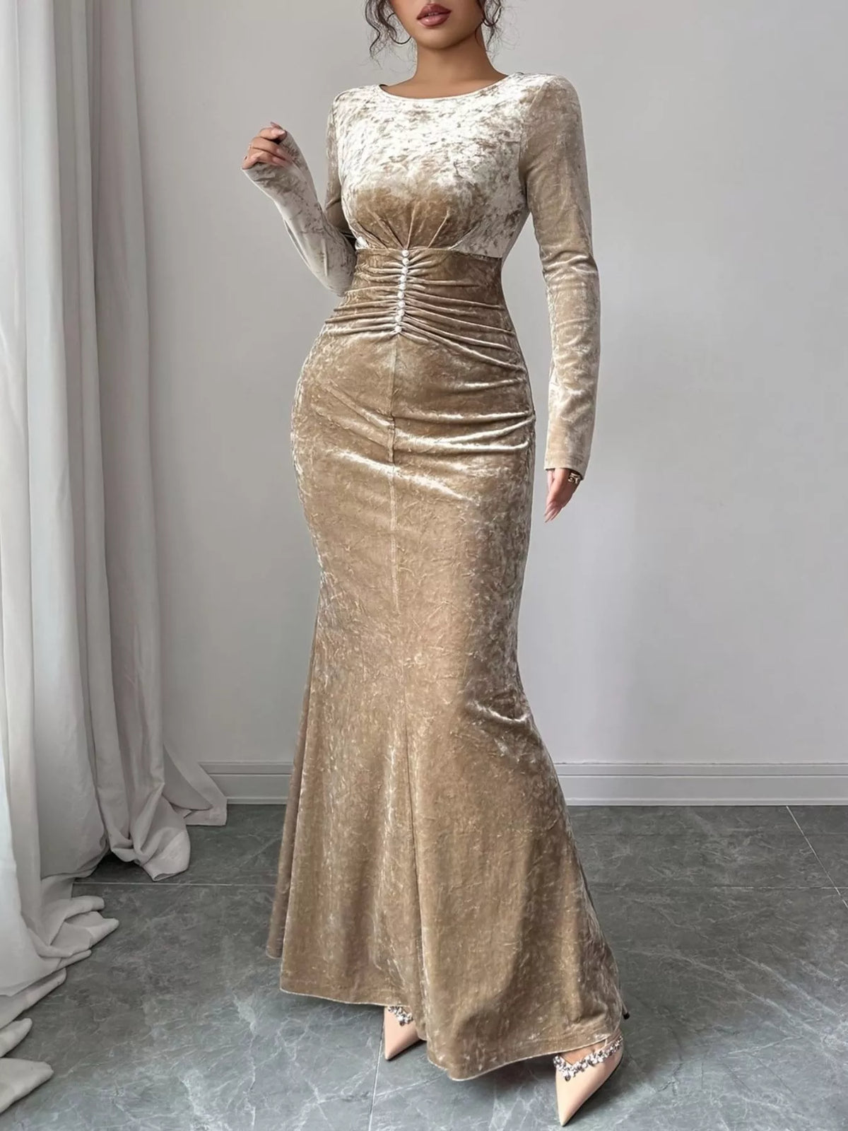 Velvet Ruched Bodycon Maxi Dress - Lilixa.store