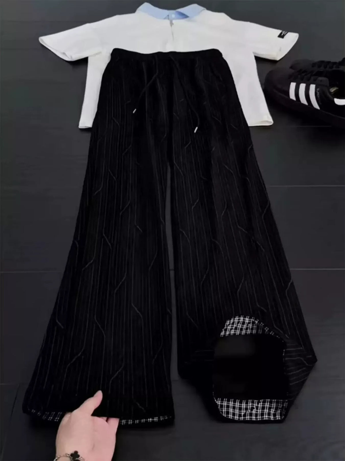 Men's Plus Size Wide-Leg Striped Casual Pants with Drawstring