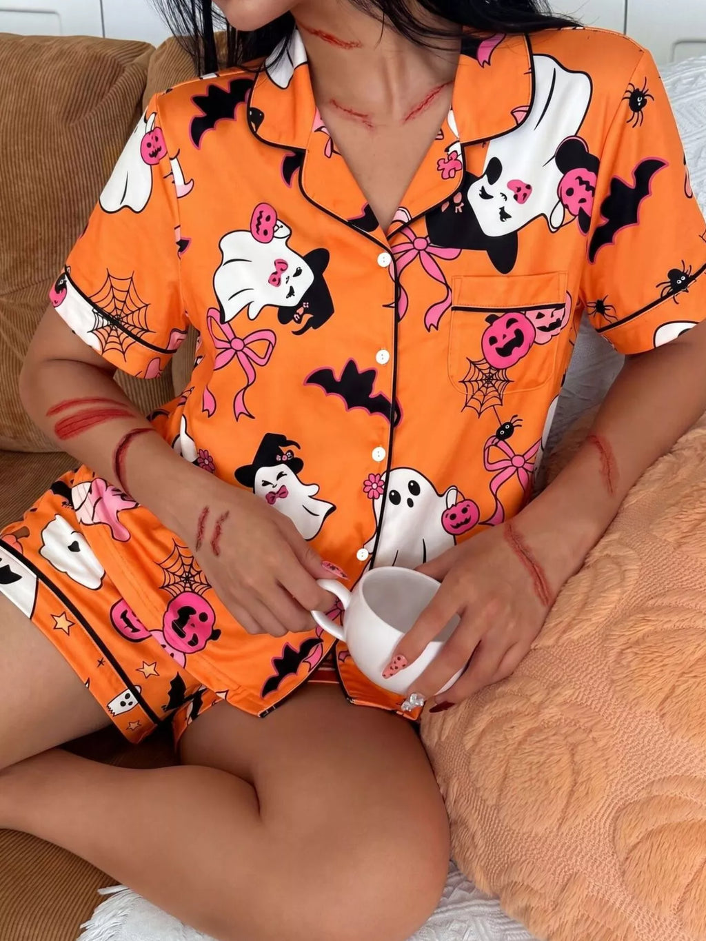 Halloween Ghost Print Button-Down Top and Shorts Lounge Set - Lilixa.store