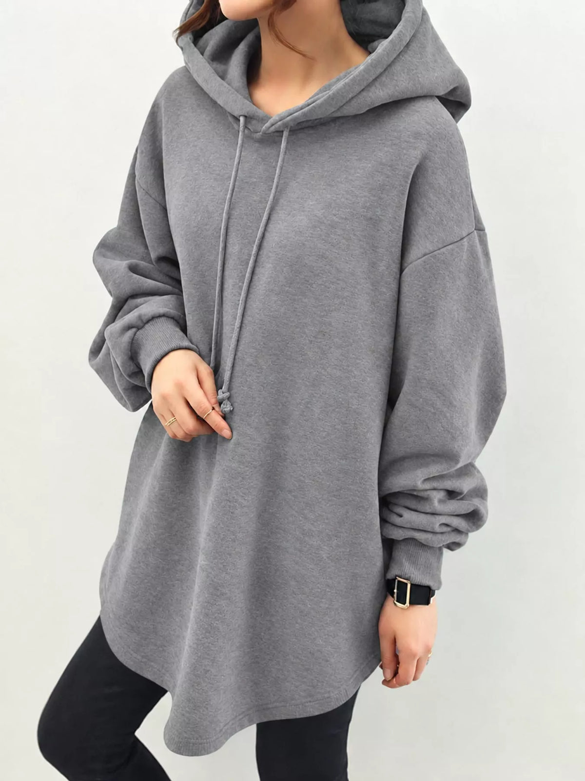 Full Size Drawstring Dropped Shoulder Hoodie Plus Size, view 5