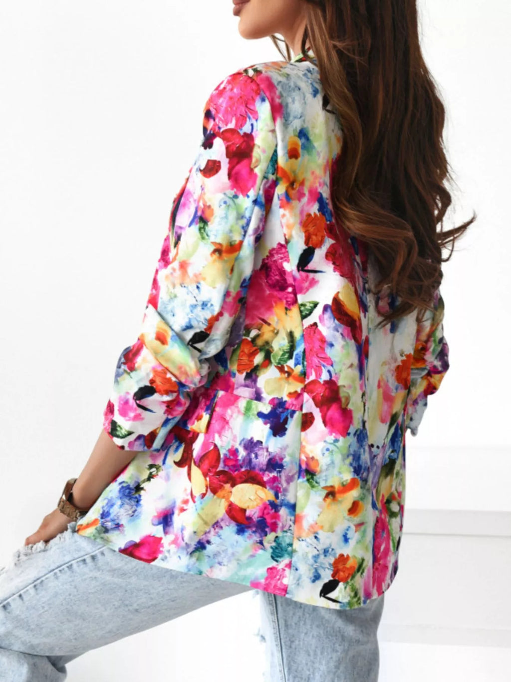 Vibrant Floral Print Open Front Blazer - Lilixa.store