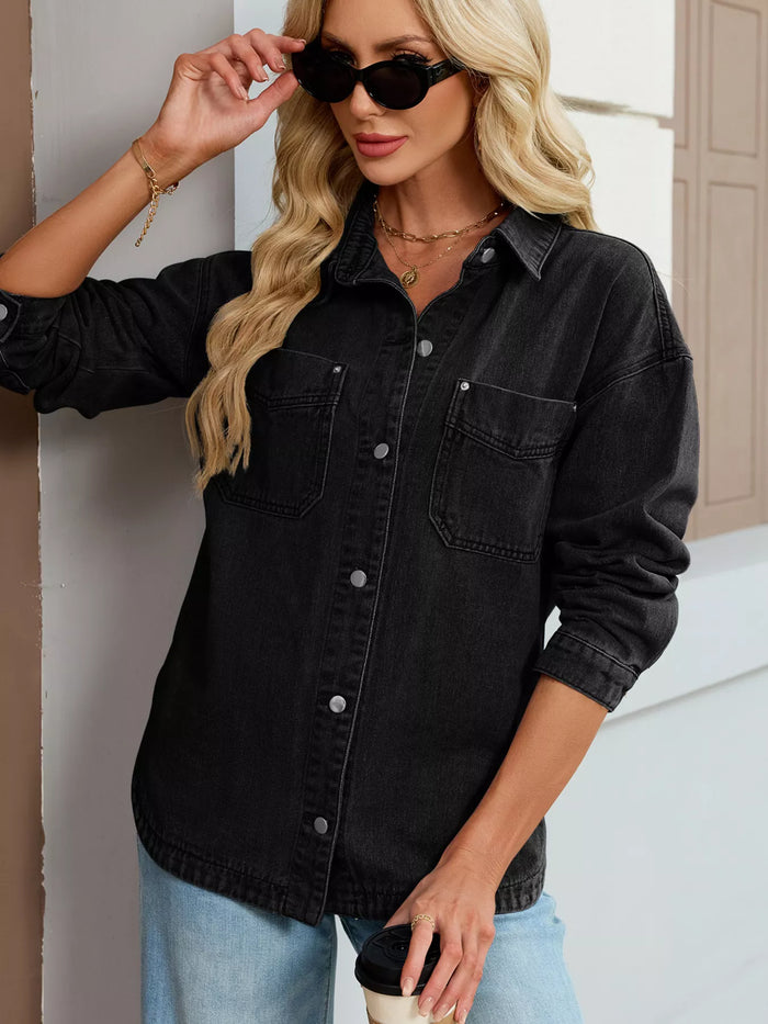 Button Up Dropped Shoulder Denim Jacket in Black