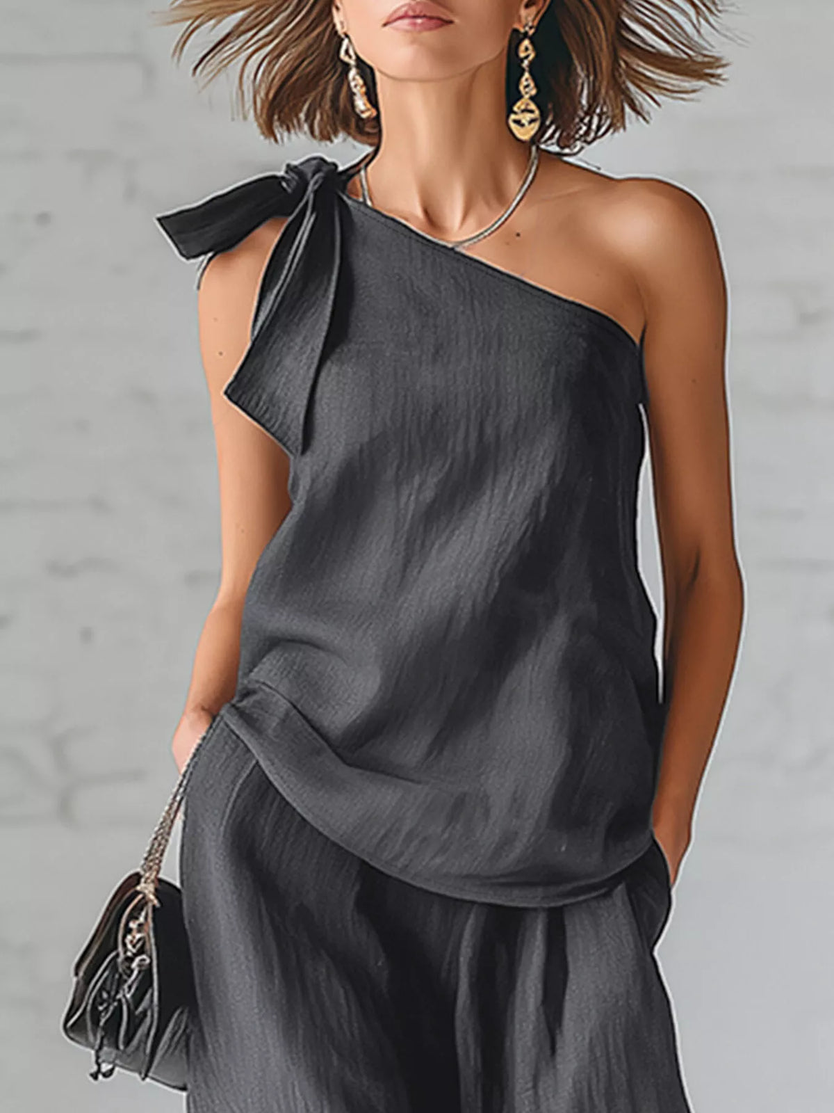 One-Shoulder Bow Tie Top and Wide-Leg Pants Casual Two-Piece Set