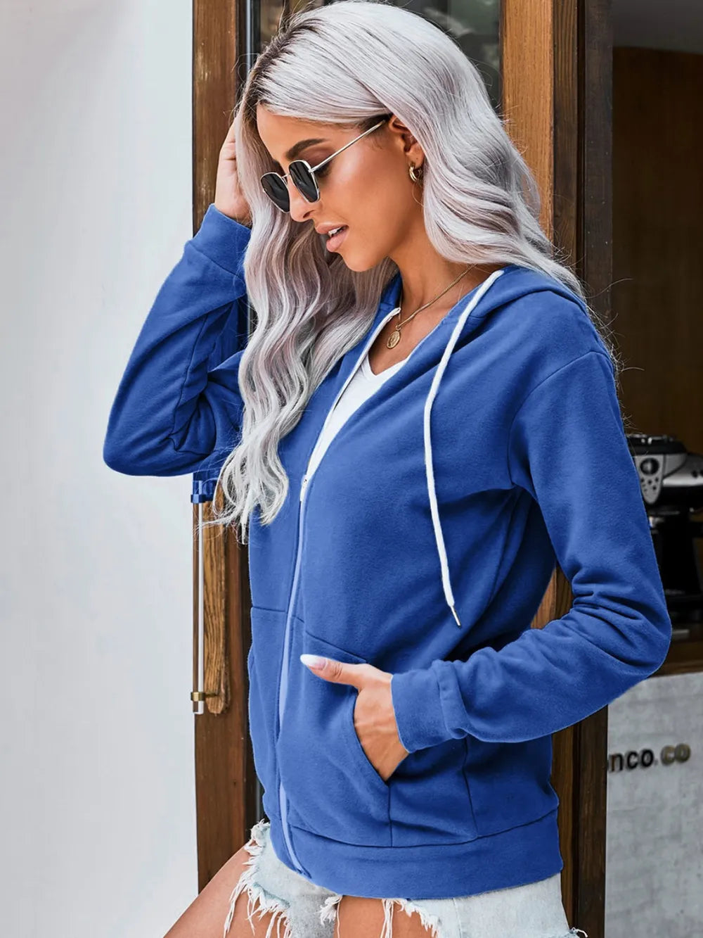 Drawstring Zip Up Hooded Jacket in Royal Blue, view 3