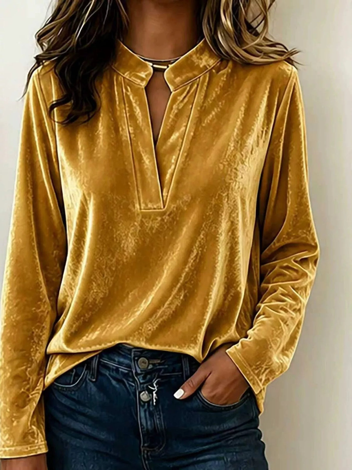 Full Size Velvet Notched Long Sleeve Top Plus Size in Gold