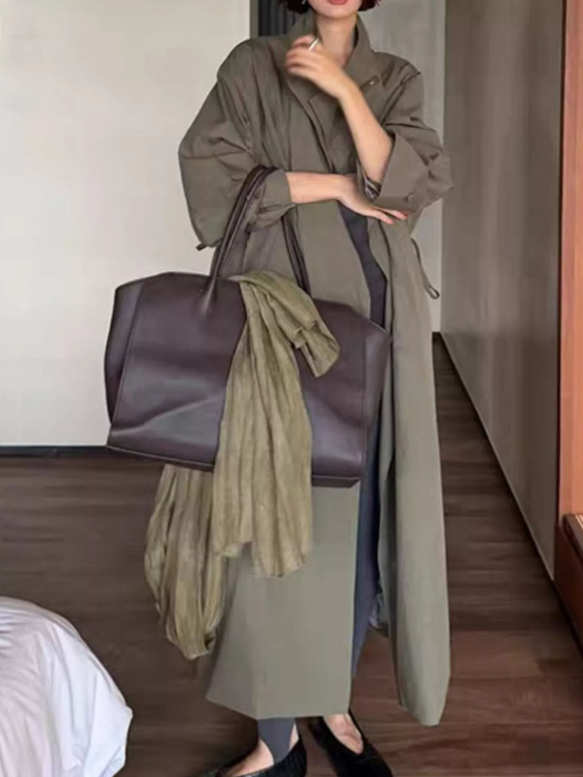 Drawstring Open Front Longline Trench Coat, view 6