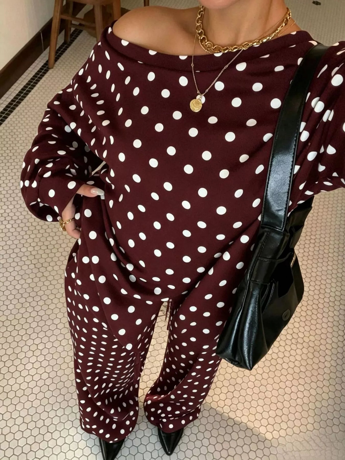 Polka Dot Boat Neck Top and Pants Set - Lilixa.store