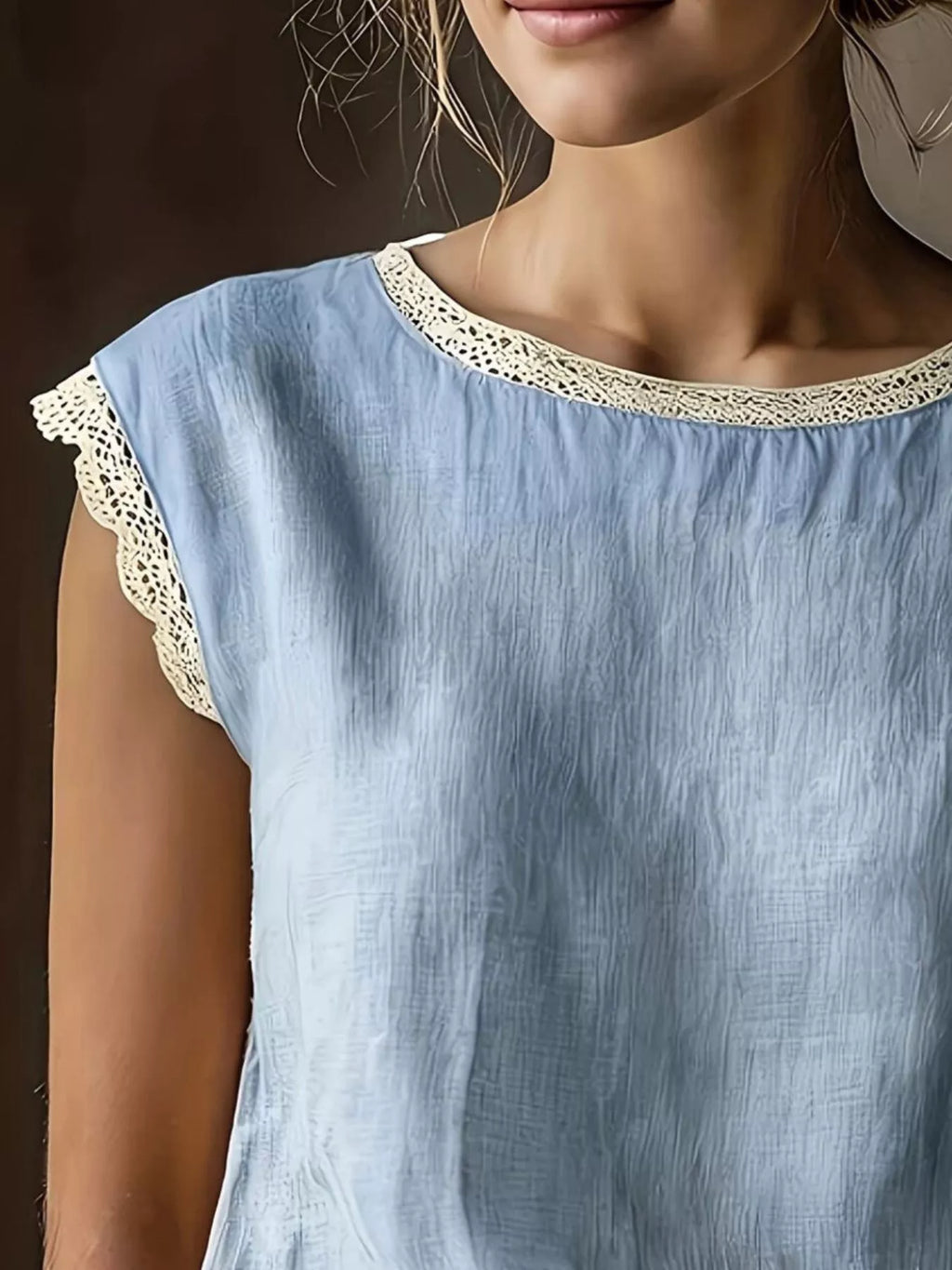 Lace Trim Round Neck Sleeveless Blouse - Lilixa.store
