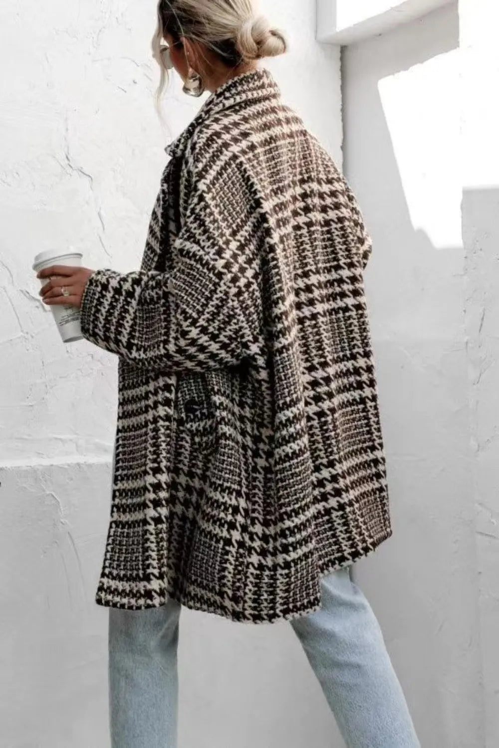 Houndstooth Collared Neck Long Sleeve Coat with Pockets, view 2