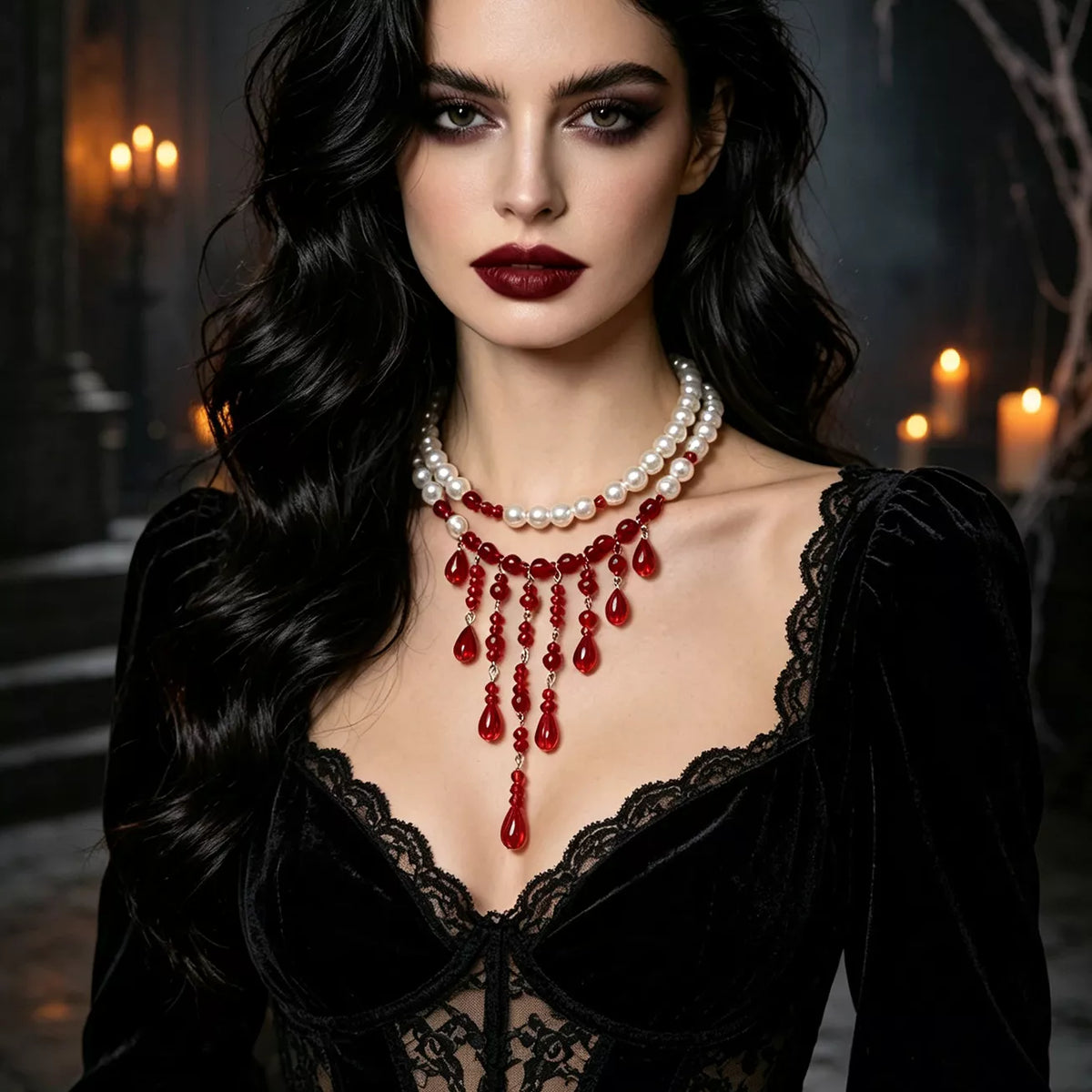Halloween Teardrop Beaded Double Layered Necklace in White