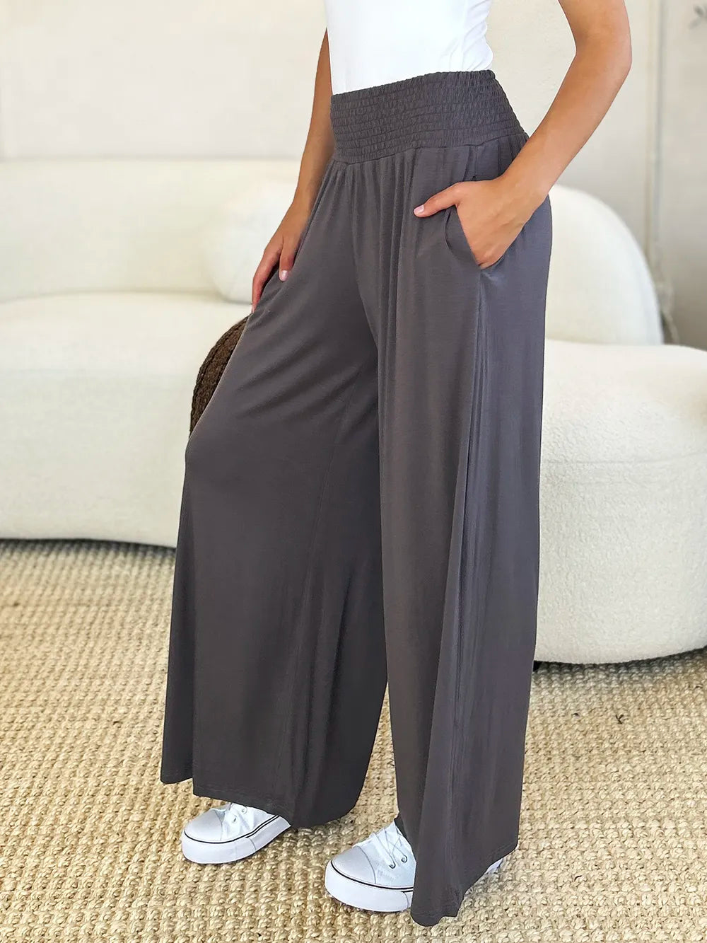 Basic Bae Full Size Smocked Wide Waistband Wide Leg Pants - Lilixa.store