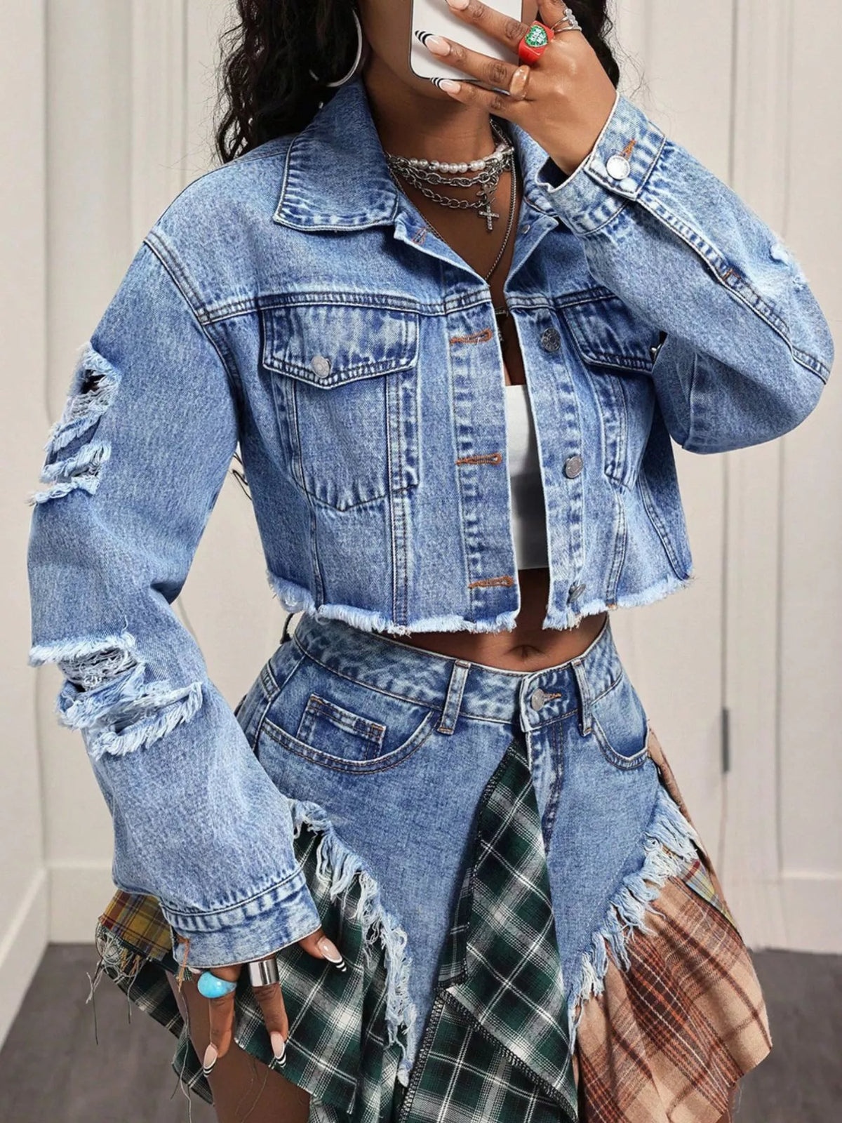 Distressed Cropped Denim Jacket in Blue, view 4