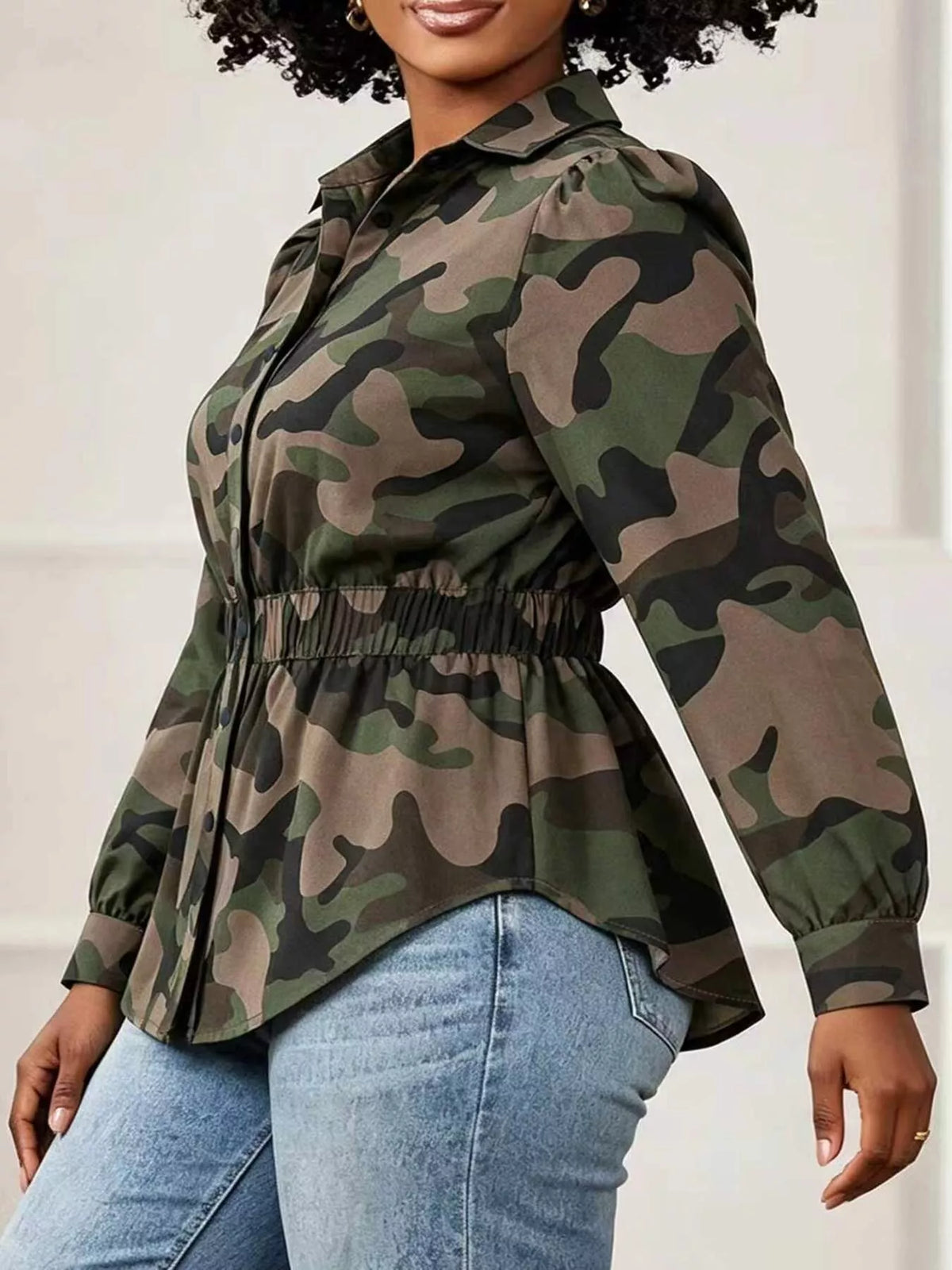 Camouflage Button Front Long Sleeve Blouse - Lilixa.store