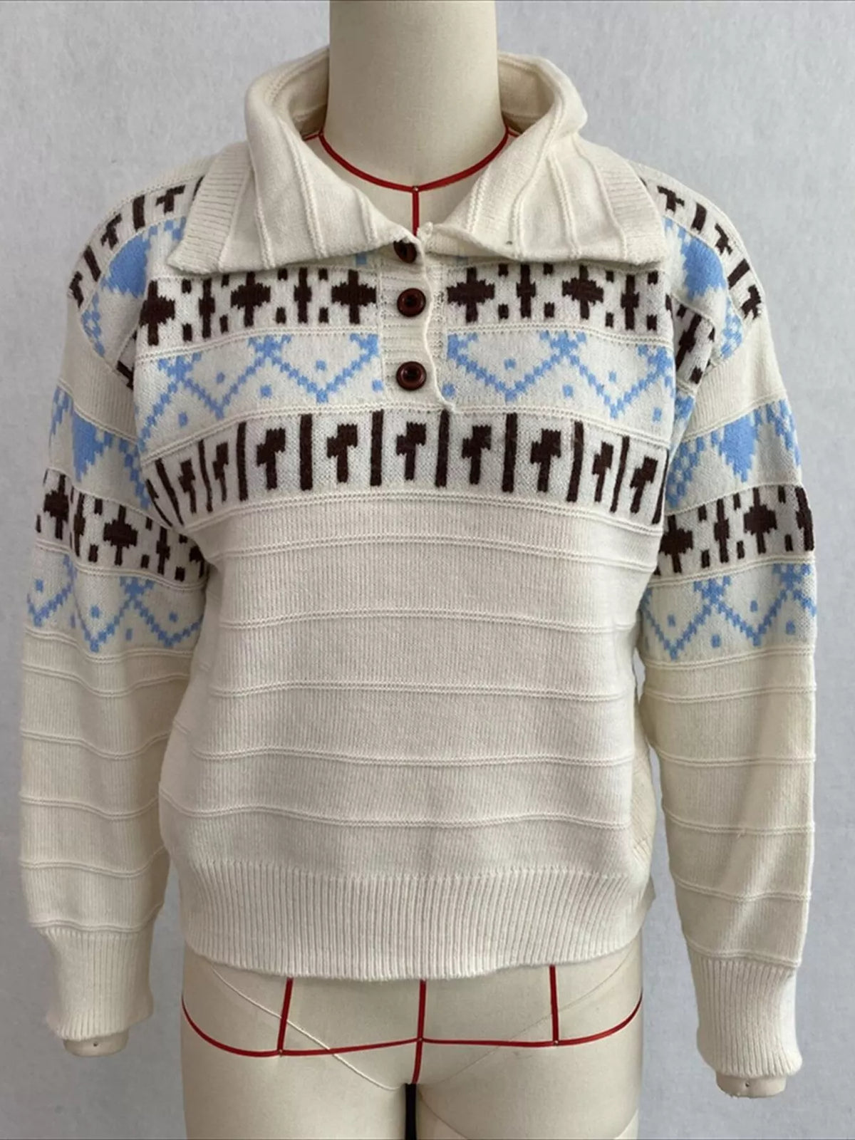 Vintage-Inspired Fair Isle Patterned Polo Sweater, view 5