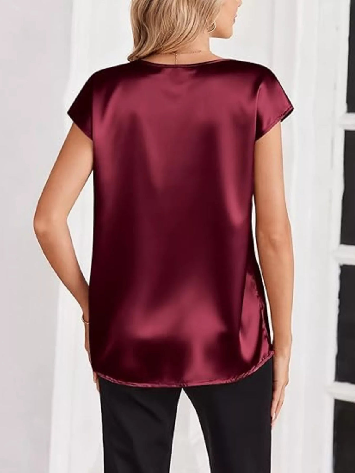 Satin V-Neck Short Sleeve Blouse - Lilixa.store