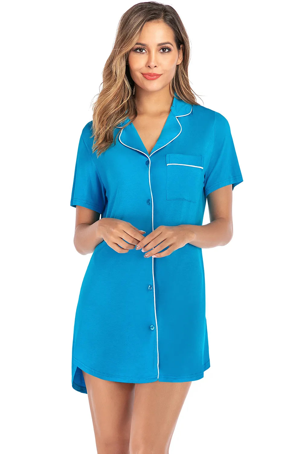 Contrast Piping Pocketed Short Sleeve Lounge Dress - Lilixa.store