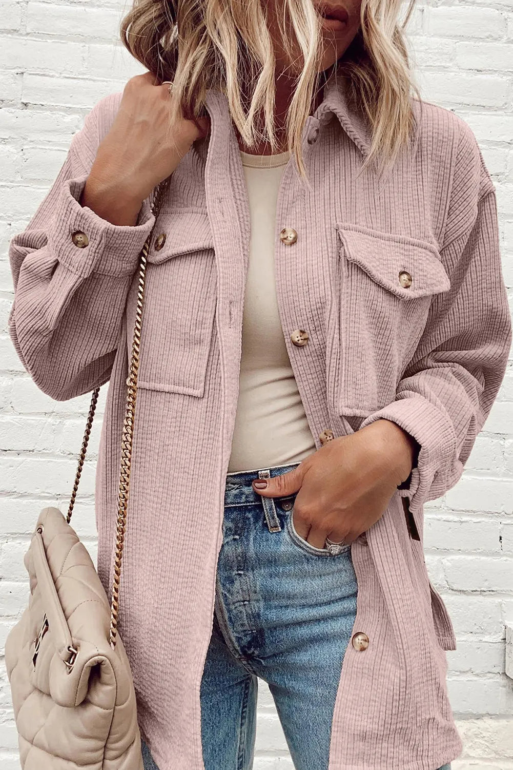 Pocketed Button Up Dropped Shoulder Shacket in Dusty Pink