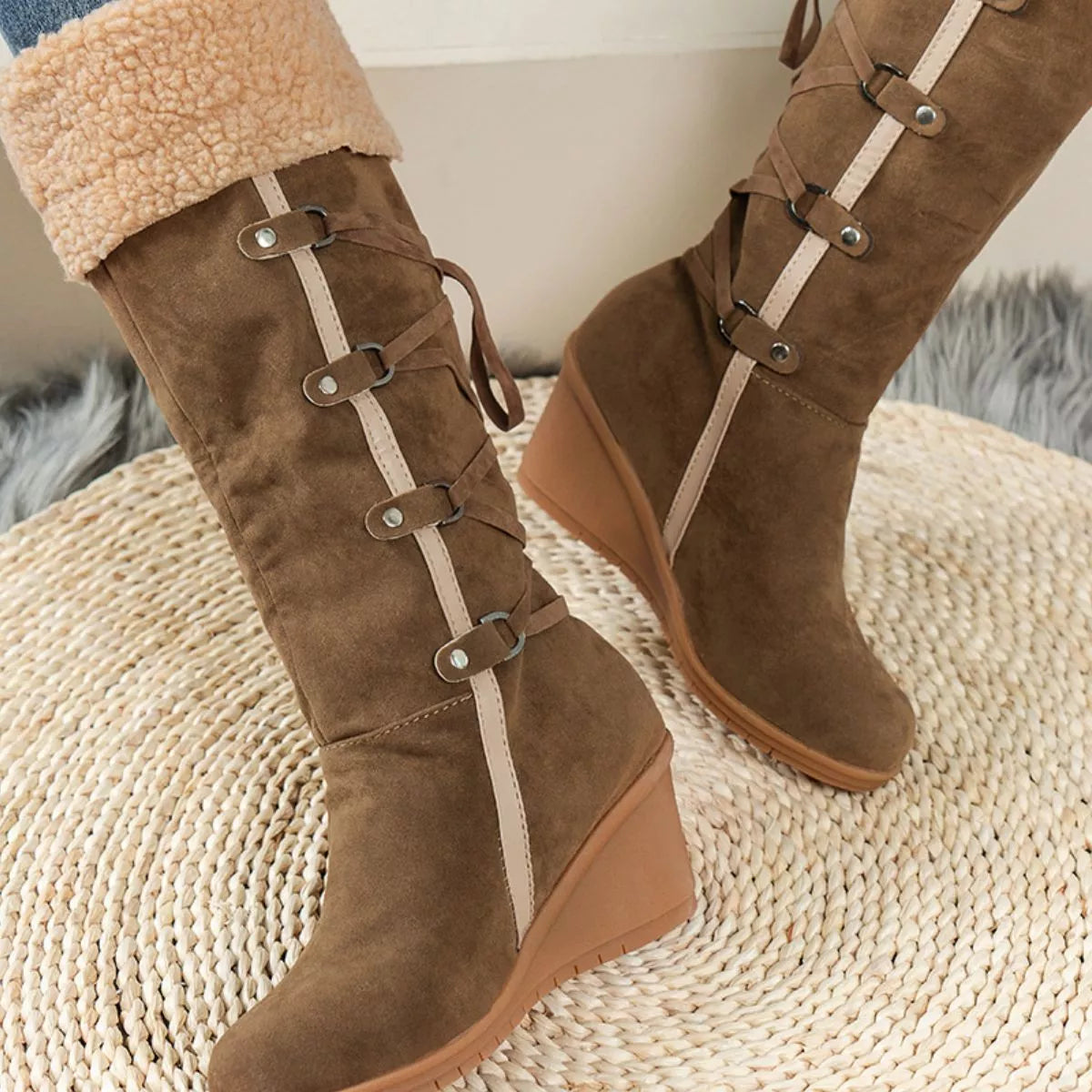Faux Fur Lined Suede Wedge Boots with Lace-Up Detail in Brown