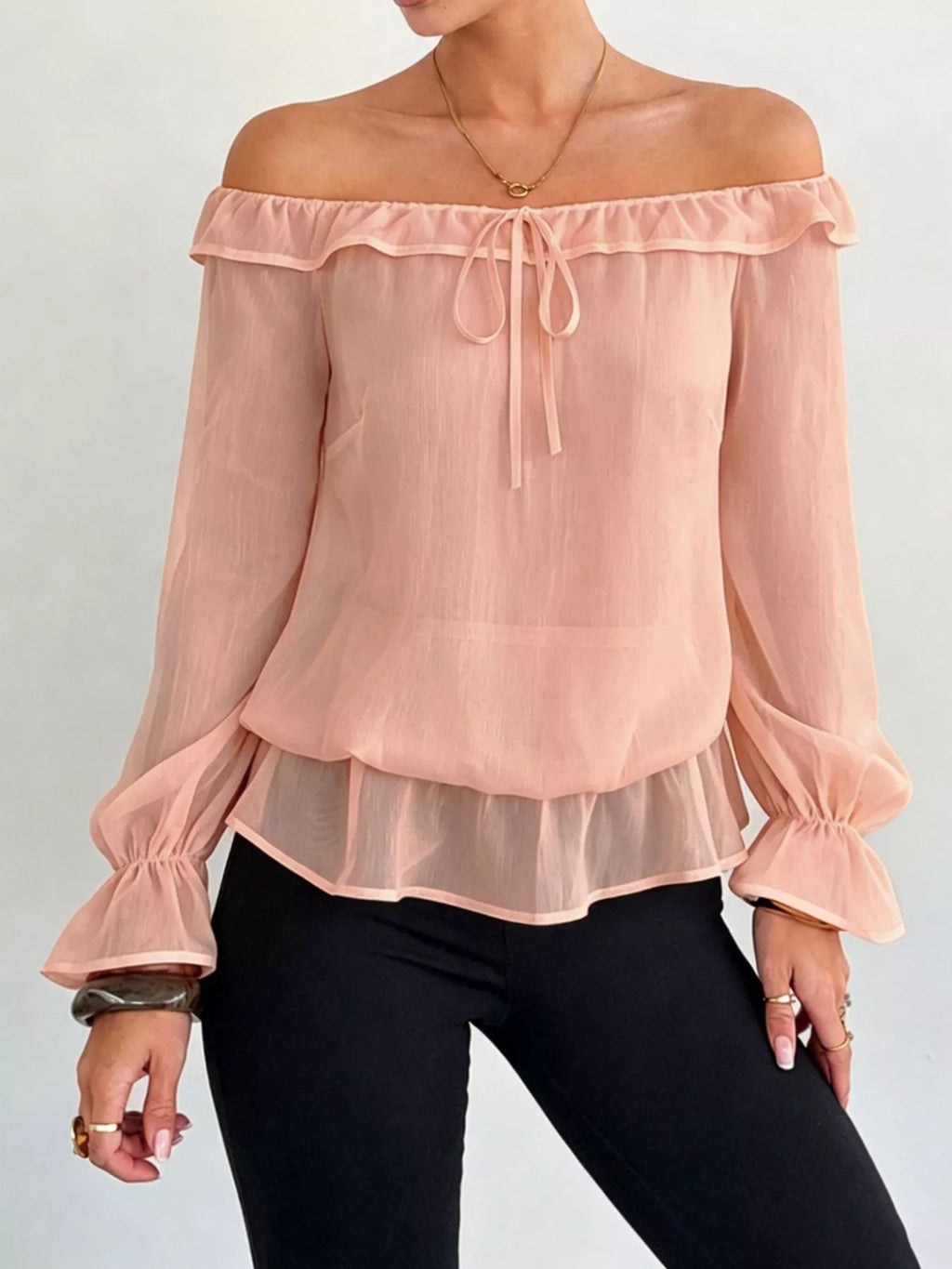 Off-Shoulder Flounce Sleeve Chiffon Blouse - Lilixa.store