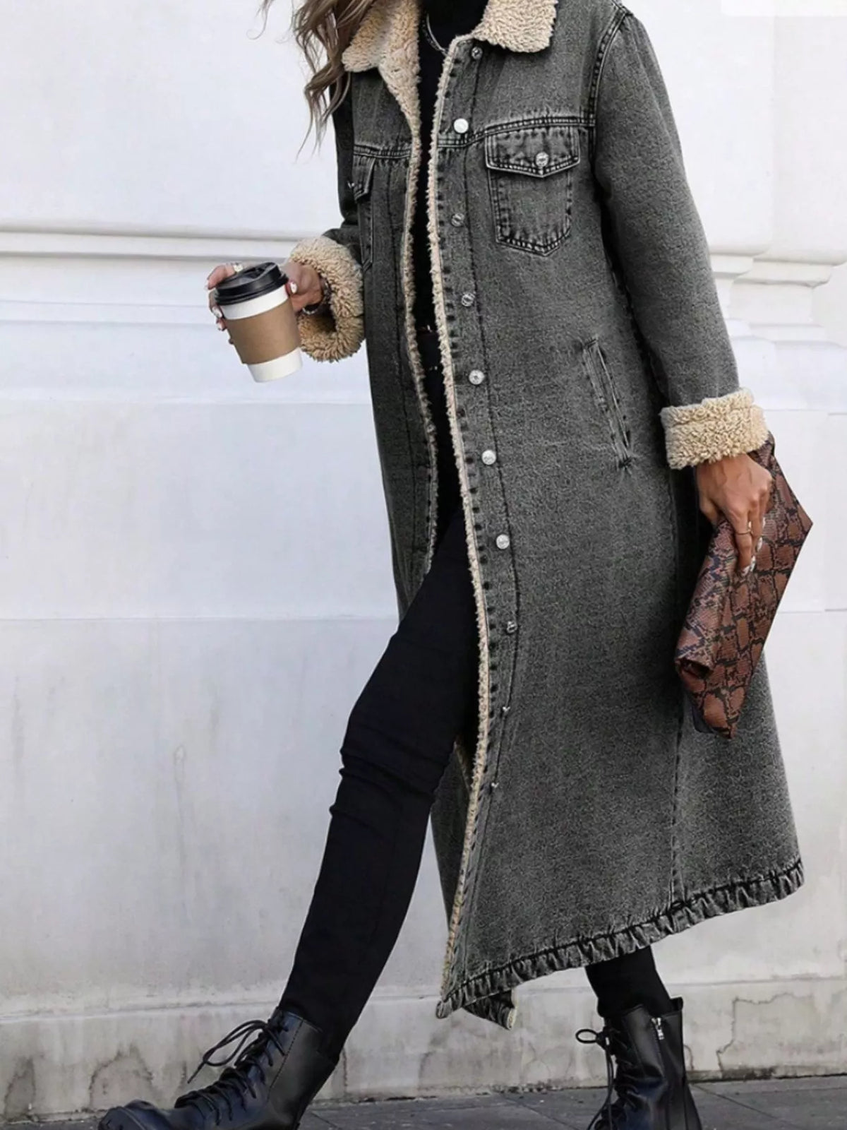 Sherpa Lined Longline Denim Jacket in Dark Gray
