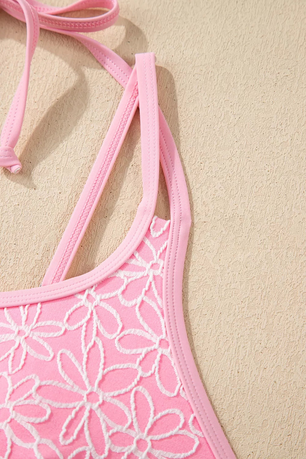 Corded Flower Texture Spaghetti Straps Halter Neck One Piece Swimsuit - Lilixa.store