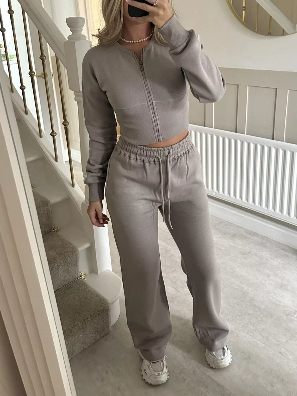 Zip-Up Crop Hoodie and High-Waisted Pants Set - Lilixa.store