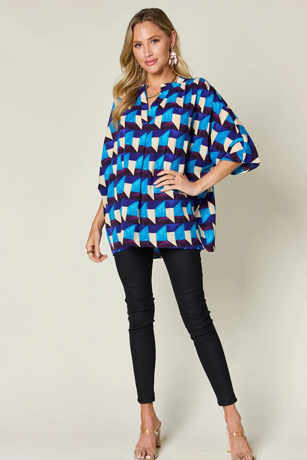 Double Take Full Size Geometric Notched Half Sleeve Blouse - Lilixa.store