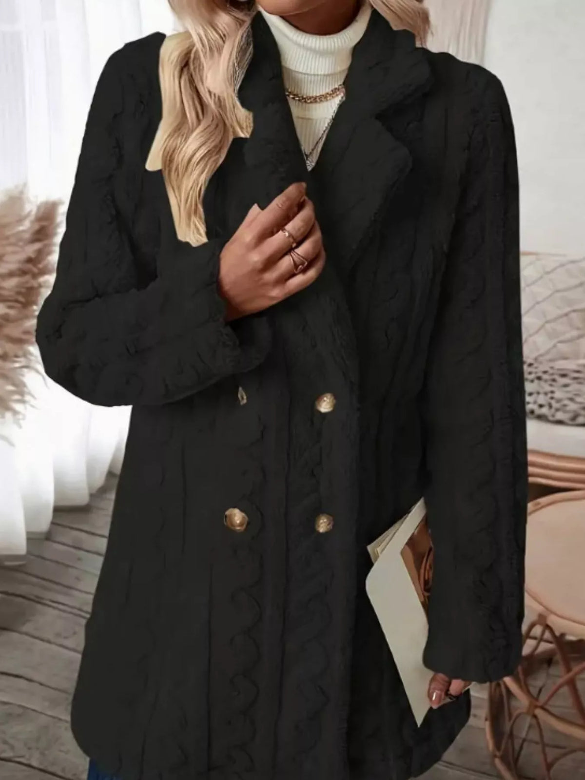 Cozy Faux Shearling Double-Breasted Outerwear in Black
