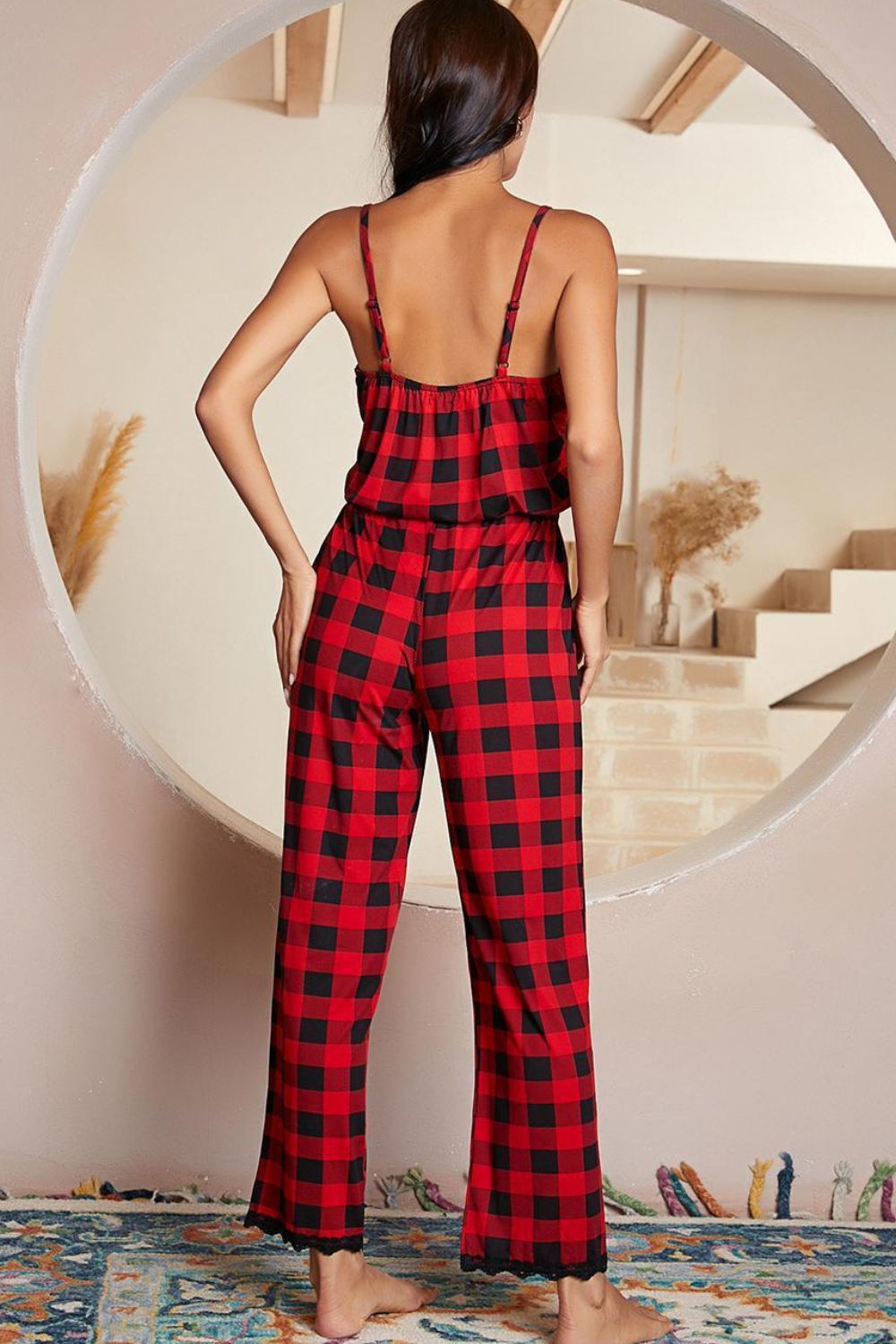 Plaid Lace Trim Spaghetti Strap Jumpsuit - Lilixa.store