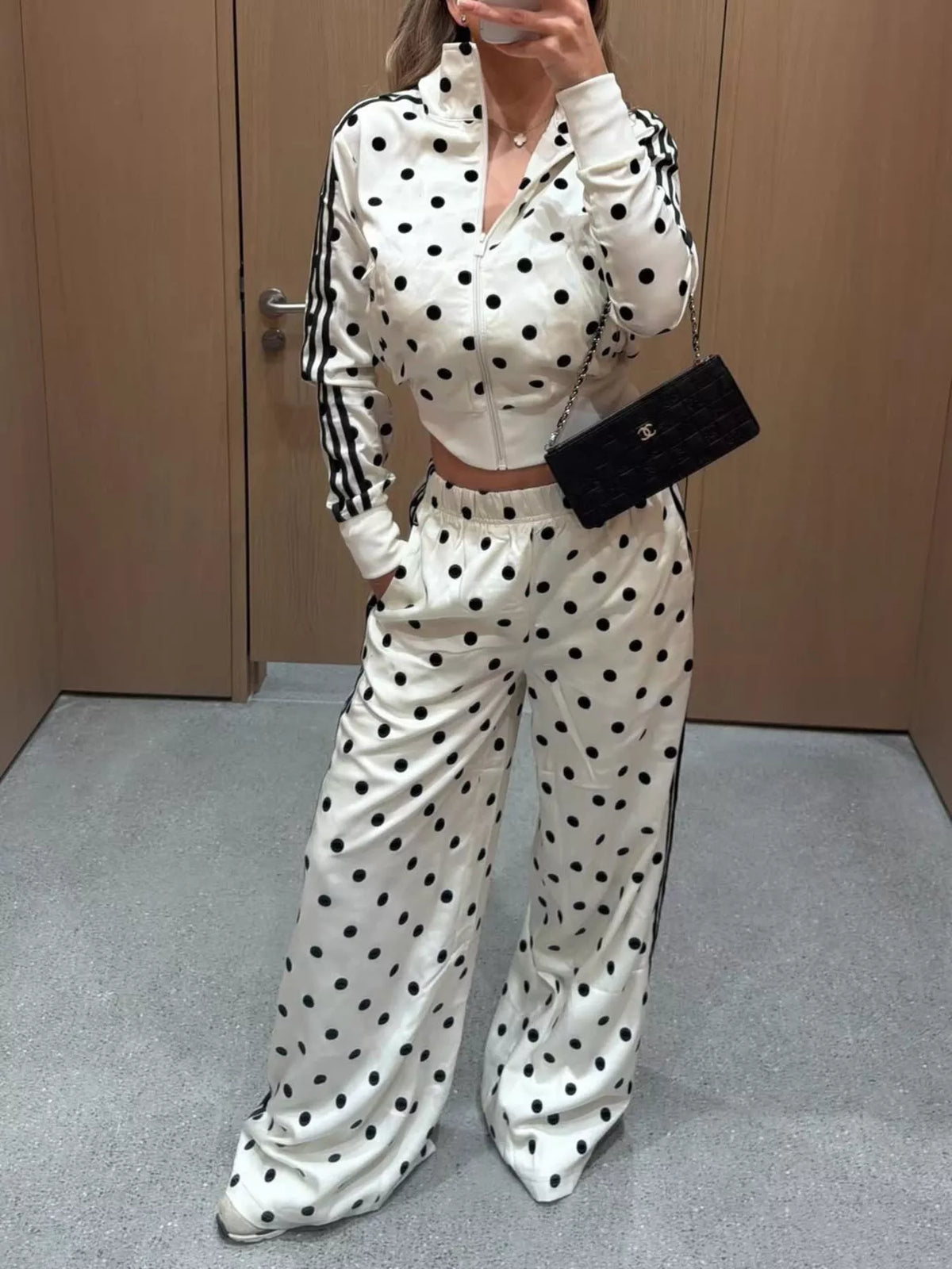 Polka Dot Side Striped Outerwear and Pants Set - Lilixa.store