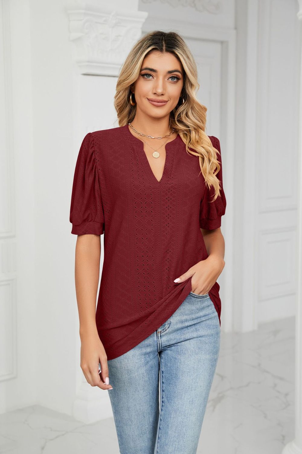 Eyelet Short Puff Sleeve Notched Neck Top in Wine