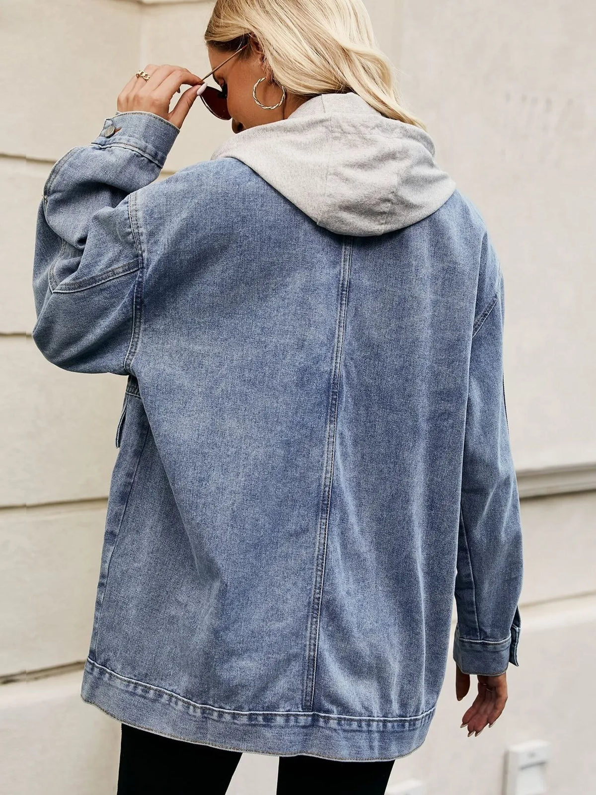 Oversized Button Up Denim Jacket with Hood, view 7