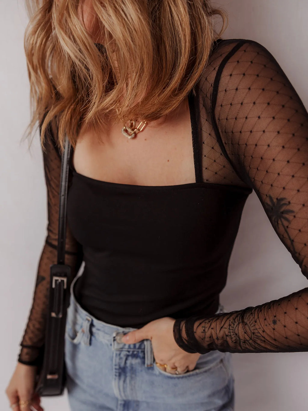 Mesh Sleeve Square Neck Bodysuit - Lilixa.store