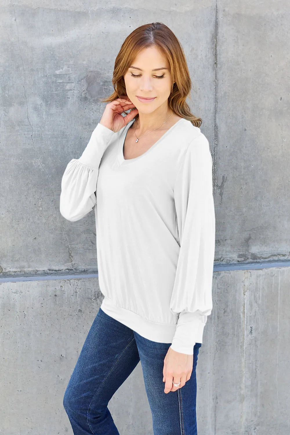 Basic Bae Full Size V-Neck Lantern Sleeve Top - Lilixa.store