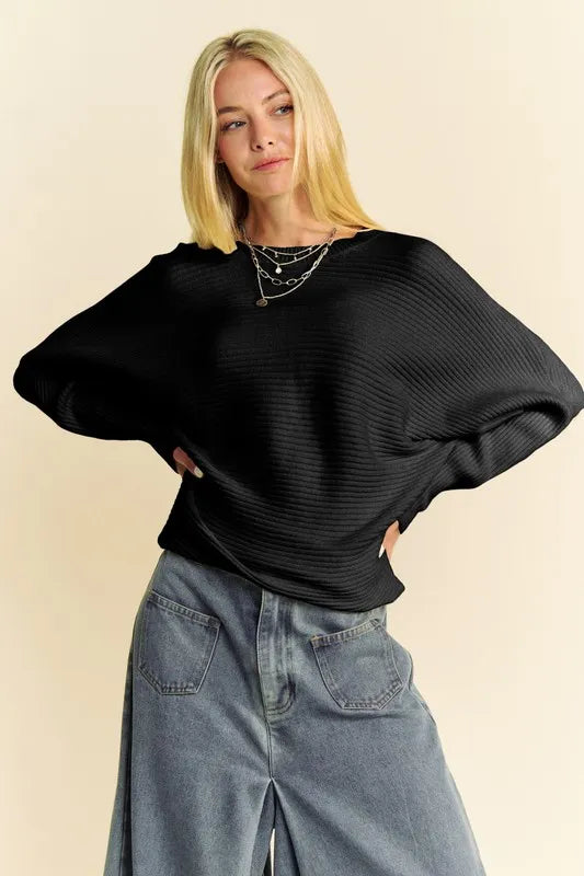 Davi & Dani Round Neck Batwing Sleeve Sweater - Lilixa.store